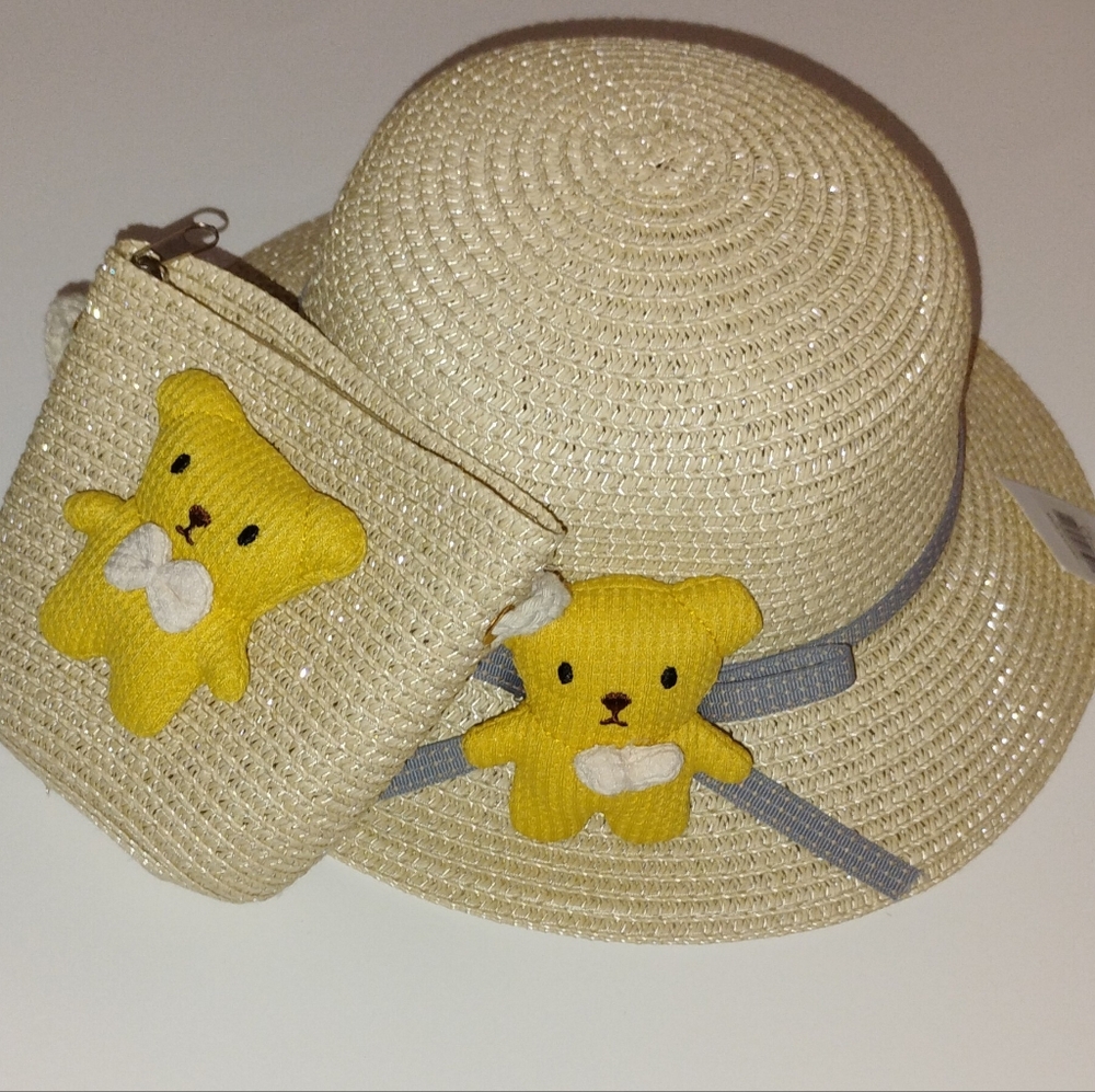 Kids Straw Hat and Pouch Set with Yellow Bear Accents